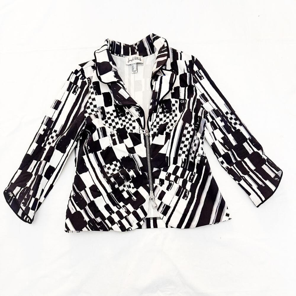Joseph Ribkoff Black White Patterned Zippered Long Sleeve Jacket Size 8